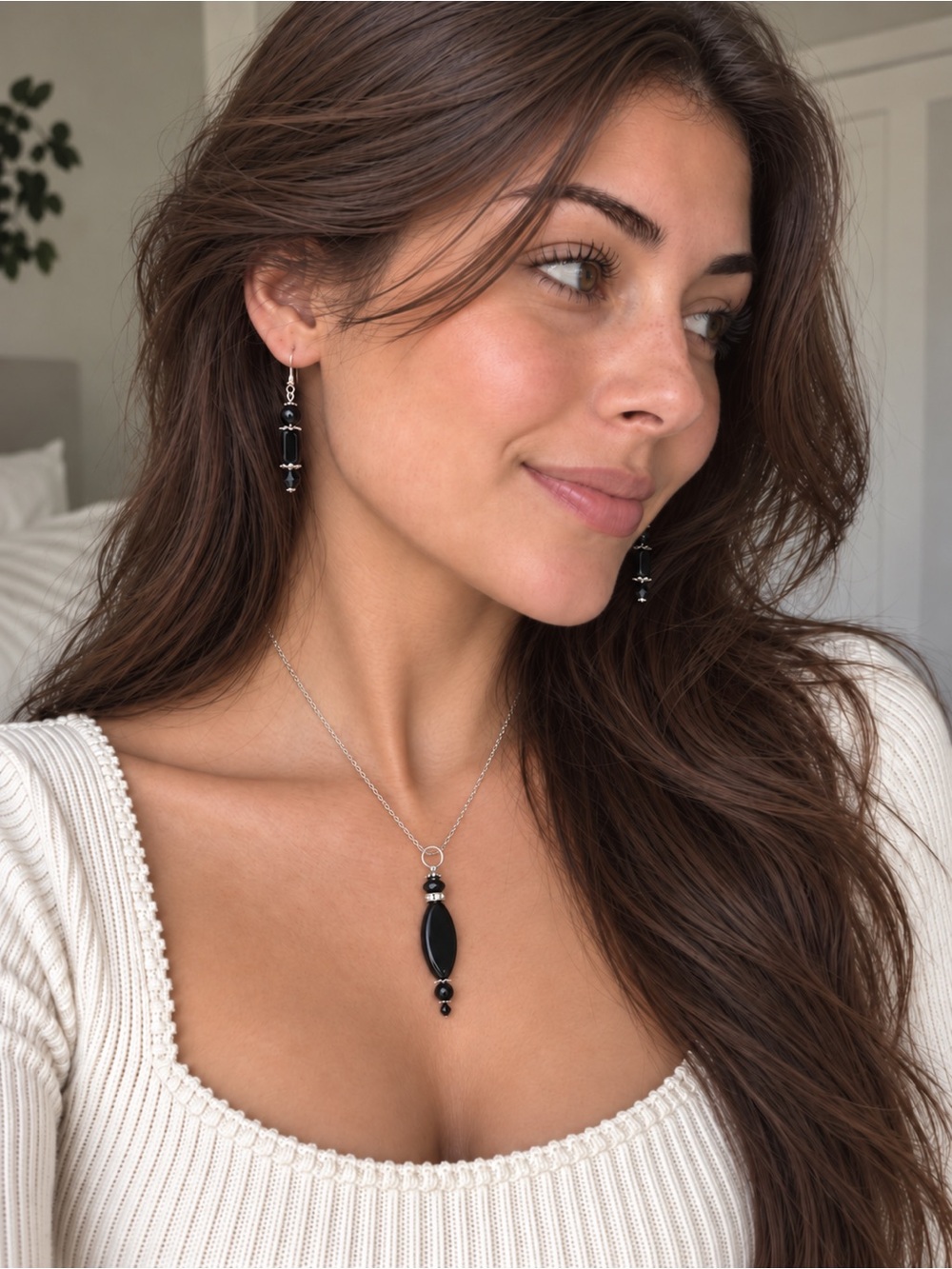 Artisan Pendant & Dangle Earrings Set Handcrafted Black Glass Beads NEW